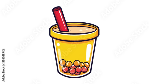 Cartoon Boba Tea Illustration with Tapioca Pearls and Red Straw.