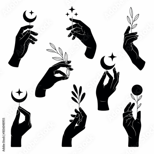 Mystical hands holding celestial elements and botanicals silhouette collection