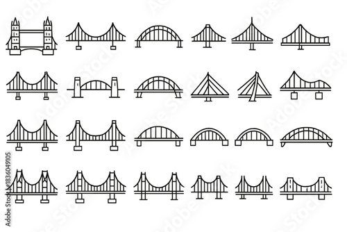 Detailed illustrations of various bridge designs showcasing styles, shapes, and structures