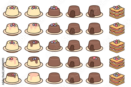 Colorful variety of desserts displayed on plates in a playful arrangement featuring puddings and layered sweets