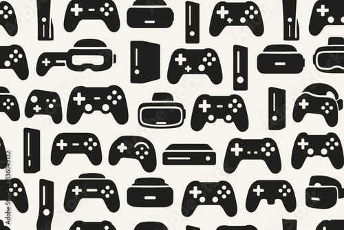 Various gaming controllers and consoles arranged on a light background in a stylish pattern
