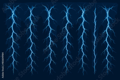 Bright blue lightning bolts striking across a dark background during a stormy night in a dramatic display of nature's power