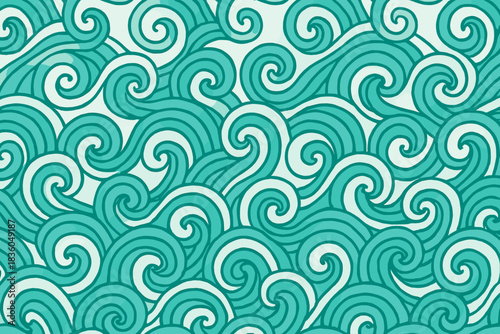 Patterns of waves creating a soothing aqua background with flowing lines and spirals