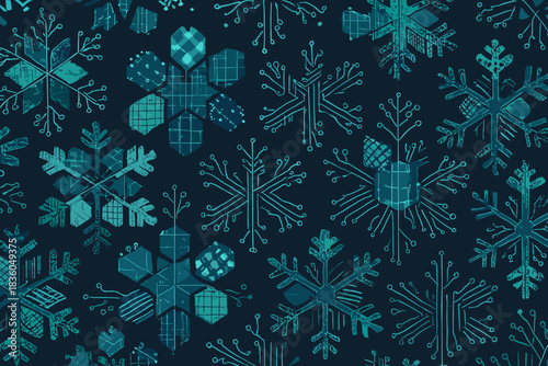 Winter-themed blue and green snowflake pattern showcasing various designs and shapes on a dark background