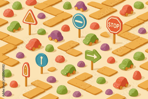 Colorful candy cars navigate a whimsical cookie landscape filled with traffic signs and colorful pebbles