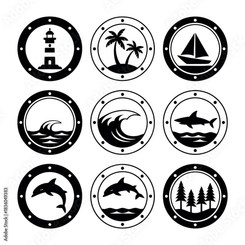 Nautical themed circular icons featuring lighthouse sailboat ocean waves dolphins and palm trees