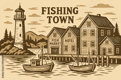 Scenic fishing town with a lighthouse, market, and wooden boats on a tranquil river
