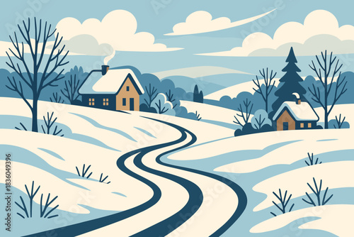 Cozy winter landscape with houses and a curvy road in a snowy setting under a blue sky