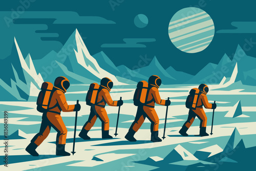 Astronauts exploring a distant icy landscape under a giant planet in the sky during a science fiction journey