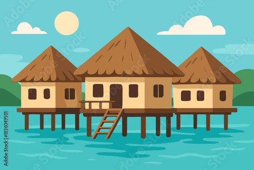 Three wooden bungalows on stilts in a clear blue lagoon with mountains in the background during a sunny day