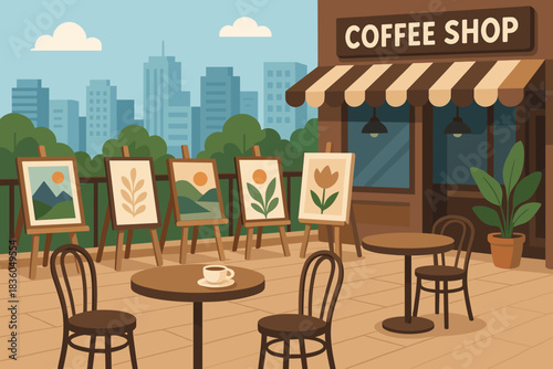Outdoor coffee shop with art display and city skyline on a sunny day