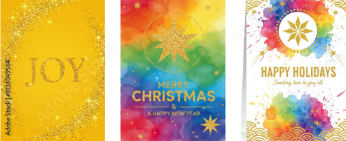 Luxury Christmas and Happy New Year Holiday Cover Template Vector Set. Gold Twinkling Star, Meteor, and Cloud Design on Navy Blue Background for Corporate Cards, Season's Greetings, Wallpaper, and Pos