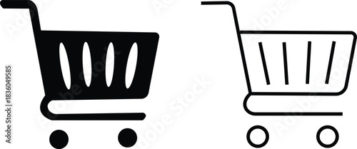Shopping cart icon set collection group in black flat and line style, retail trolley basket symbol pack with ecommerce market store shopping outline graphics, commercial purchase UI elements