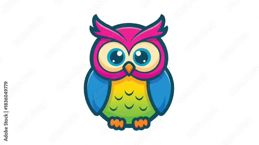 Naklejka premium Colorful cartoon owl with big eyes and vibrant feathers stands out.