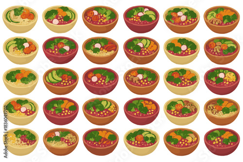 Colorful bowls of fresh salads featuring various vegetables, grains, and proteins arranged in a vibrant display at a health-focused event