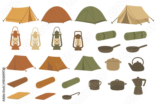 Camping gear and essentials arranged in a flat lay, featuring tents, lanterns, and cookware for outdoor adventures