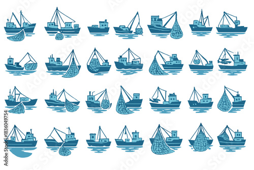 Various fishing boats in blue tones catching fish in serene waters during a calm day at sea