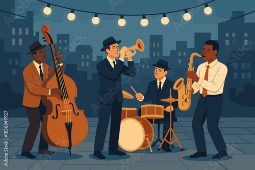 Jazz band performs under string lights in urban setting during evening, creating a lively atmosphere