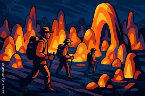 Adventurous hikers explore glowing rock formations in a mystical landscape at twilight