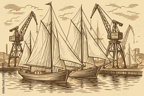 Skillful sailing boats docked at a busy harbor with tall cranes during calm waters