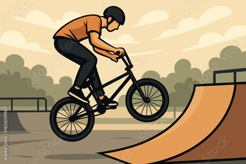 BMX rider performs tricks at a skate park during golden hour in a lively outdoor setting