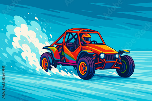 Brightly colored buggy racing on a sandy beach with splashes of water in the background