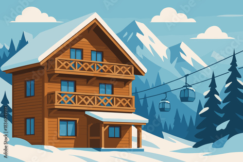 Ski resort lodge nestled in mountains with cable cars, surrounded by snowy trees on a clear winter day