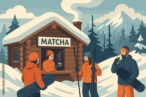 Warm gathering at a mountain cabin serving matcha tea on a snowy winter day