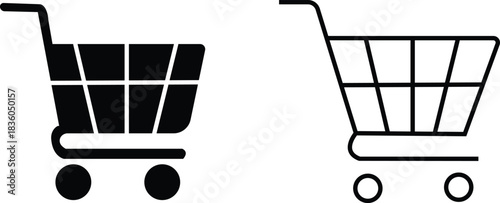 Shopping cart icon set collection group in black flat and line style, retail trolley basket symbol pack with ecommerce market store shopping outline graphics, commercial purchase UI elements