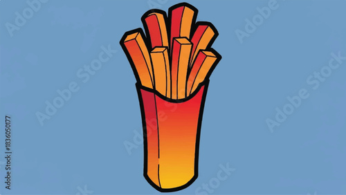 Illustration of a red carton filled with french fries.
