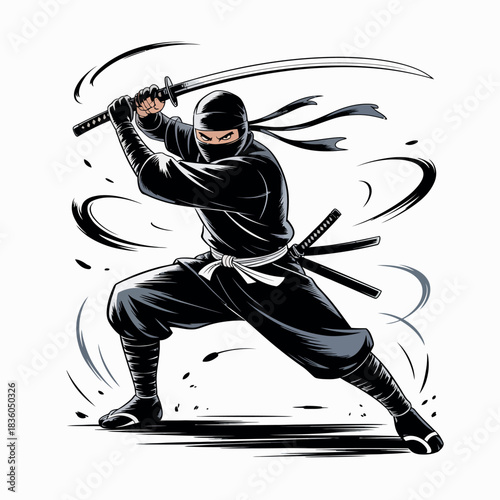 Dynamic ninja warrior in action with katana sword