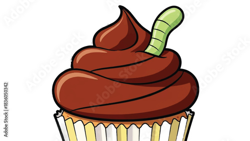 Delicious Chocolate Cupcake with Green Gummy Worm Topping.