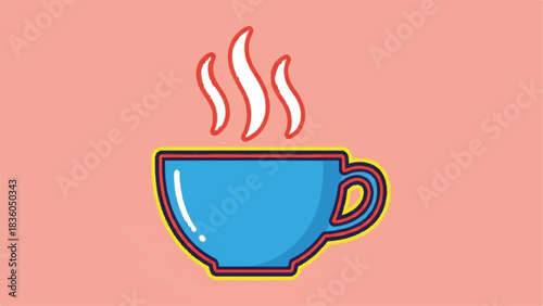 A blue cup of hot steaming beverage with rising steam.