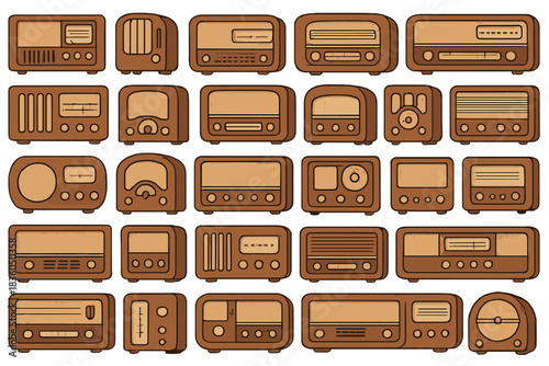Collection of vintage radio designs showcasing various styles and features from different eras and regions
