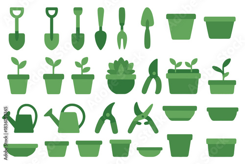 Gardening tools and plants arranged in a green color scheme for home gardening enthusiasts