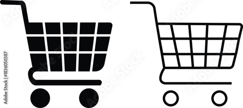 Shopping cart icon set collection group in black flat and line style, retail trolley basket symbol pack with ecommerce market store shopping outline graphics, commercial purchase UI elements