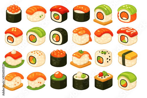 Variety of colorful sushi rolls arranged in a neat and appetizing display on a white background