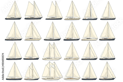 Collection of small sailboat models displayed in a neat grid pattern on a light background