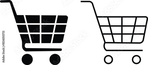 Shopping cart icon set collection group in black flat and line style, retail trolley basket symbol pack with ecommerce market store shopping outline graphics, commercial purchase UI elements