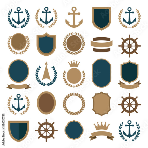 Nautical emblems and badges collection with anchors shields and ship wheels