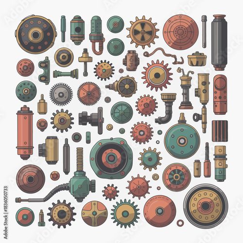 Collection of steampunk gears cogs and mechanical components