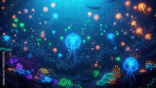 Bioluminescent jellyfish and vibrant coral reef teeming with marine life in deep ocean