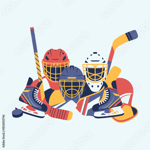 Collection of ice hockey equipment and gear on a white background