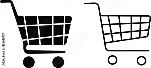 Shopping cart icon set collection group in black flat and line style, retail trolley basket symbol pack with ecommerce market store shopping outline graphics, commercial purchase UI elements