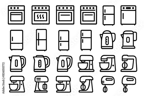 Kitchen appliances and equipment for home cooking and meal preparation in simple line art style