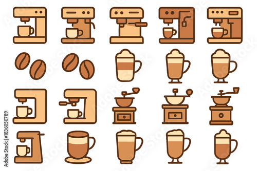 Coffee preparation tools and beverages in a simple, modern style featuring espresso machines and mugs