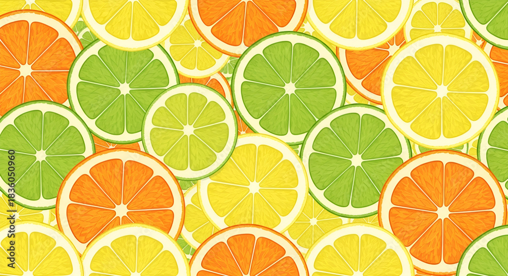 Obraz premium Colorful Citrus Slices Vector Pattern: Lemon, Lime, and Orange