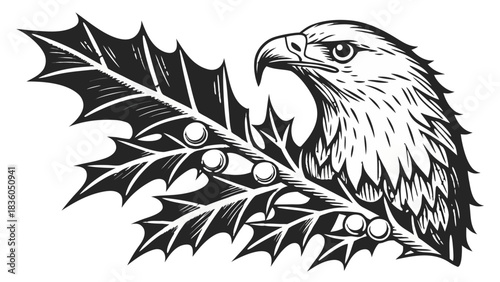 Eagle Head and Holly Branch Woodcut Illustration, A black and white woodcut-style illustration depicting an eagle's head alongside a holly branch with berries.