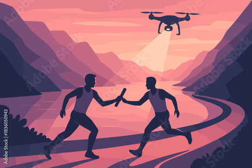 Runners exchange relay baton while a drone captures the scenic view at sunset near a river in the mountains