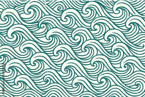 Waves rolling together in rhythmic patterns on a tranquil surface under a clear blue sky
